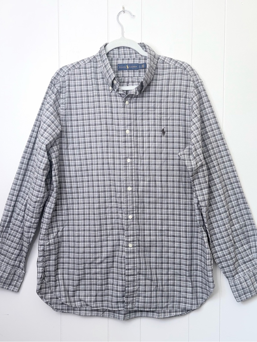 Ralph Lauren Polo Gray Black Plaid Button Down Shirt Pony Logo 100% Cotton L